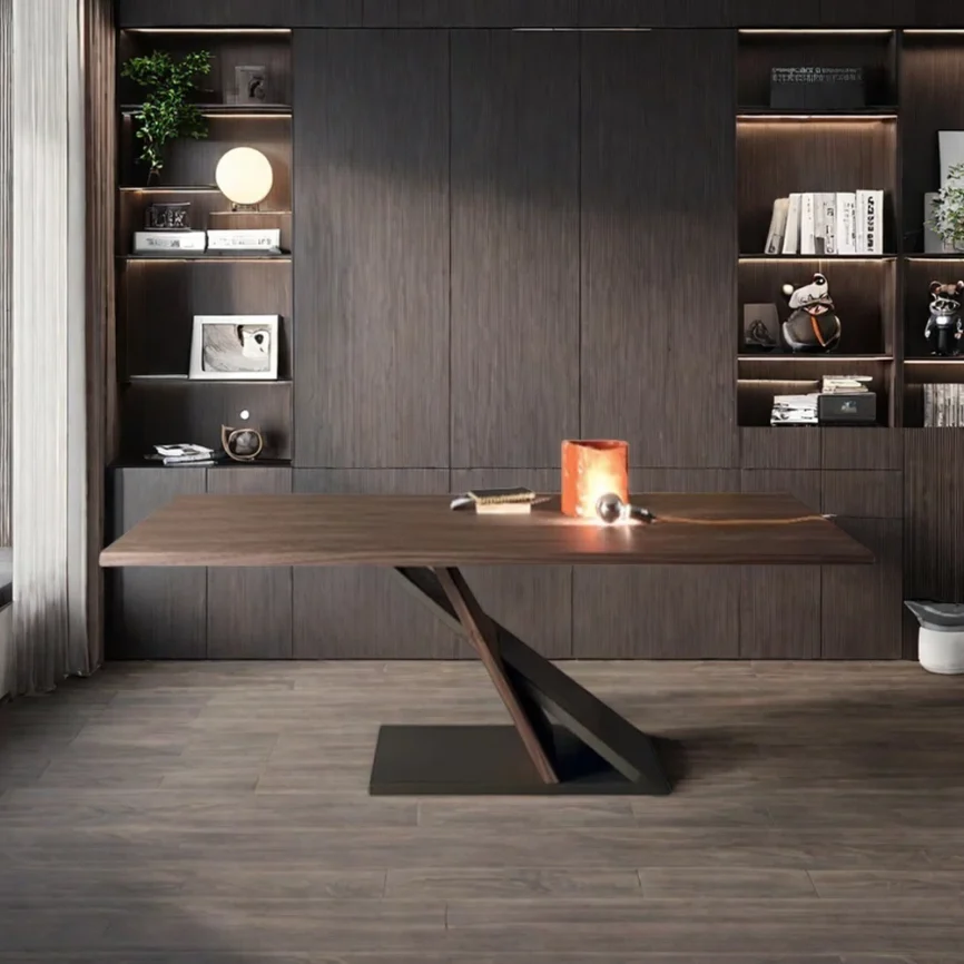 Orion executive desk with solid hemlock wood tabletop and innovative wood-metal leg design, offering spacious surface and modern stability