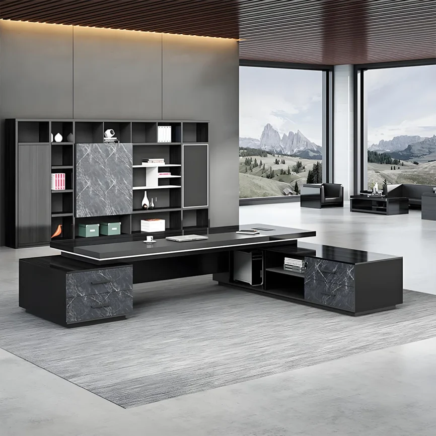 Monarch black minimalist L-shaped office desk with side cabinet, silent drawers, privacy panel, and extra-thick legs for stability