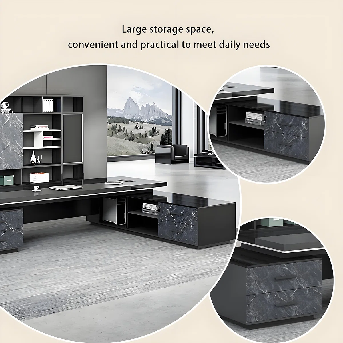 Monarch black minimalist L-shaped office desk with side cabinet, silent drawers, privacy panel, and extra-thick legs for stability