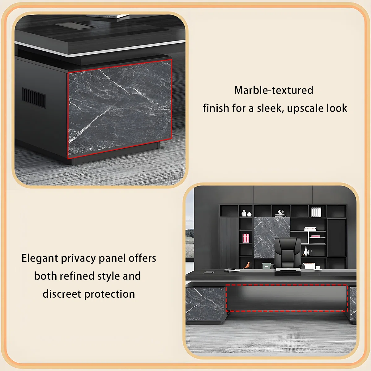 Monarch black minimalist L-shaped office desk with side cabinet, silent drawers, privacy panel, and extra-thick legs for stability