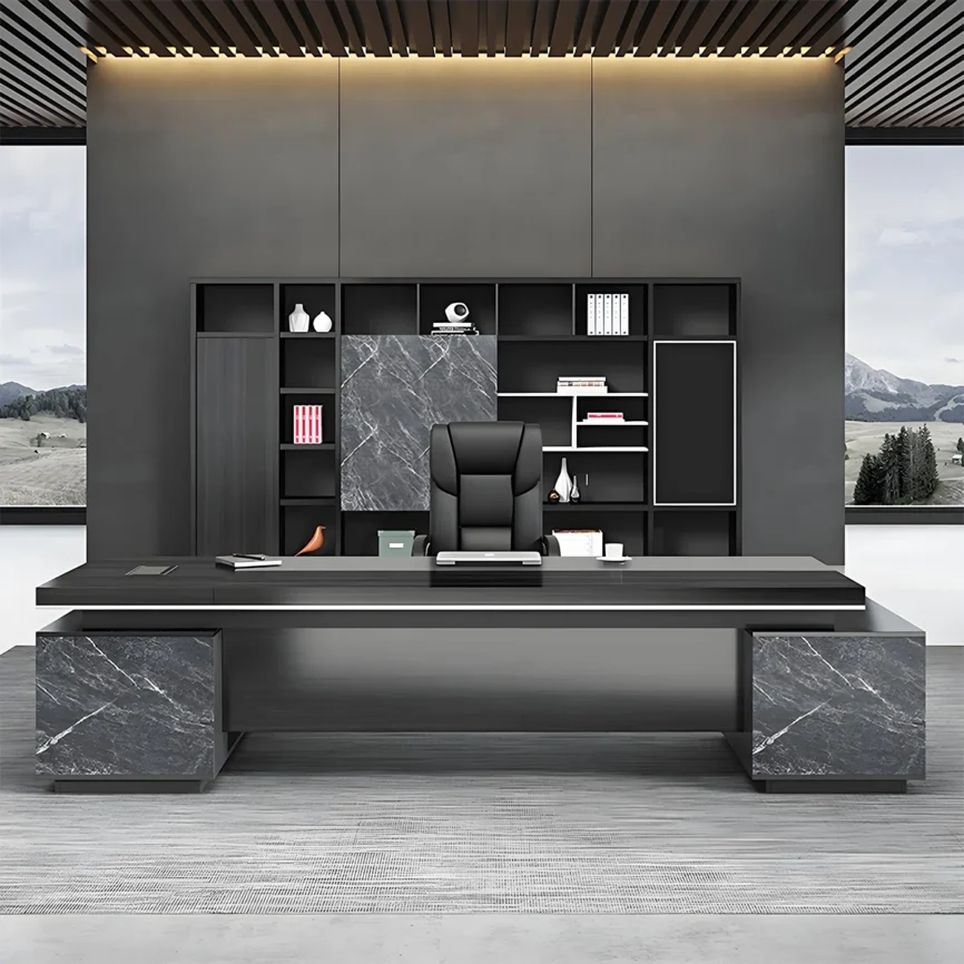 Monarch black minimalist L-shaped office desk with side cabinet, silent drawers, privacy panel, and extra-thick legs for stability