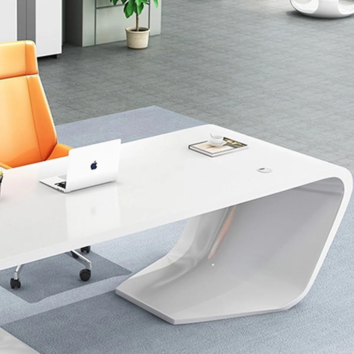 Brown solid wood modern office desk with white legs, spacious surface, and integrated storage drawers
