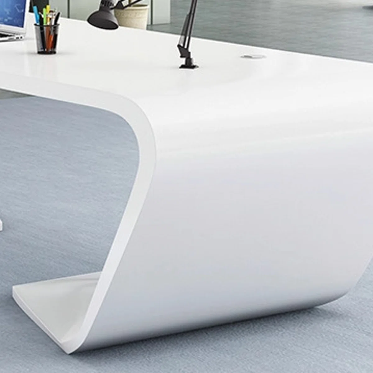 Brown solid wood modern office desk with white legs, spacious surface, and integrated storage drawers