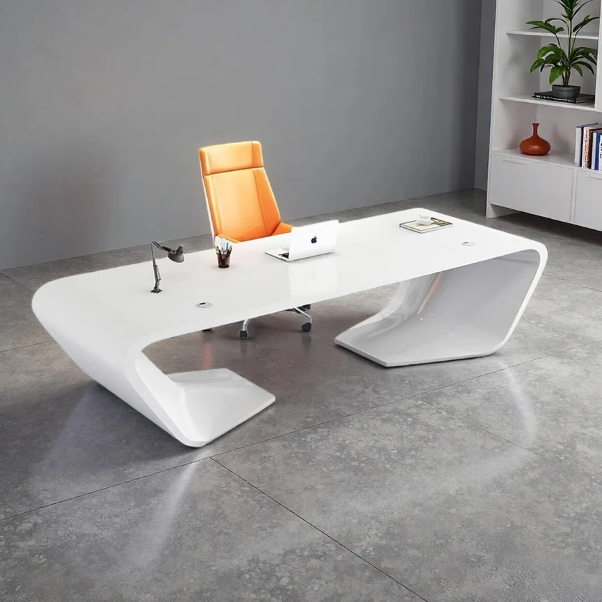 Brown solid wood modern office desk with white legs, spacious surface, and integrated storage drawers