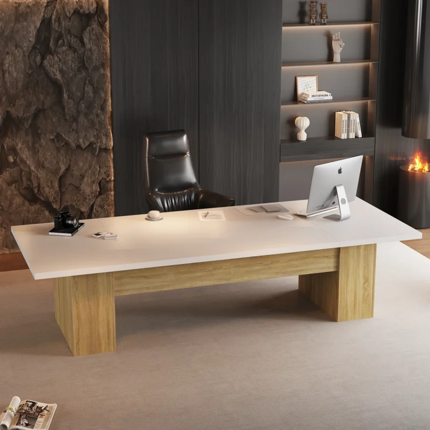 Height-adjustable oak wood workstation desk with drawers and wide tabletop