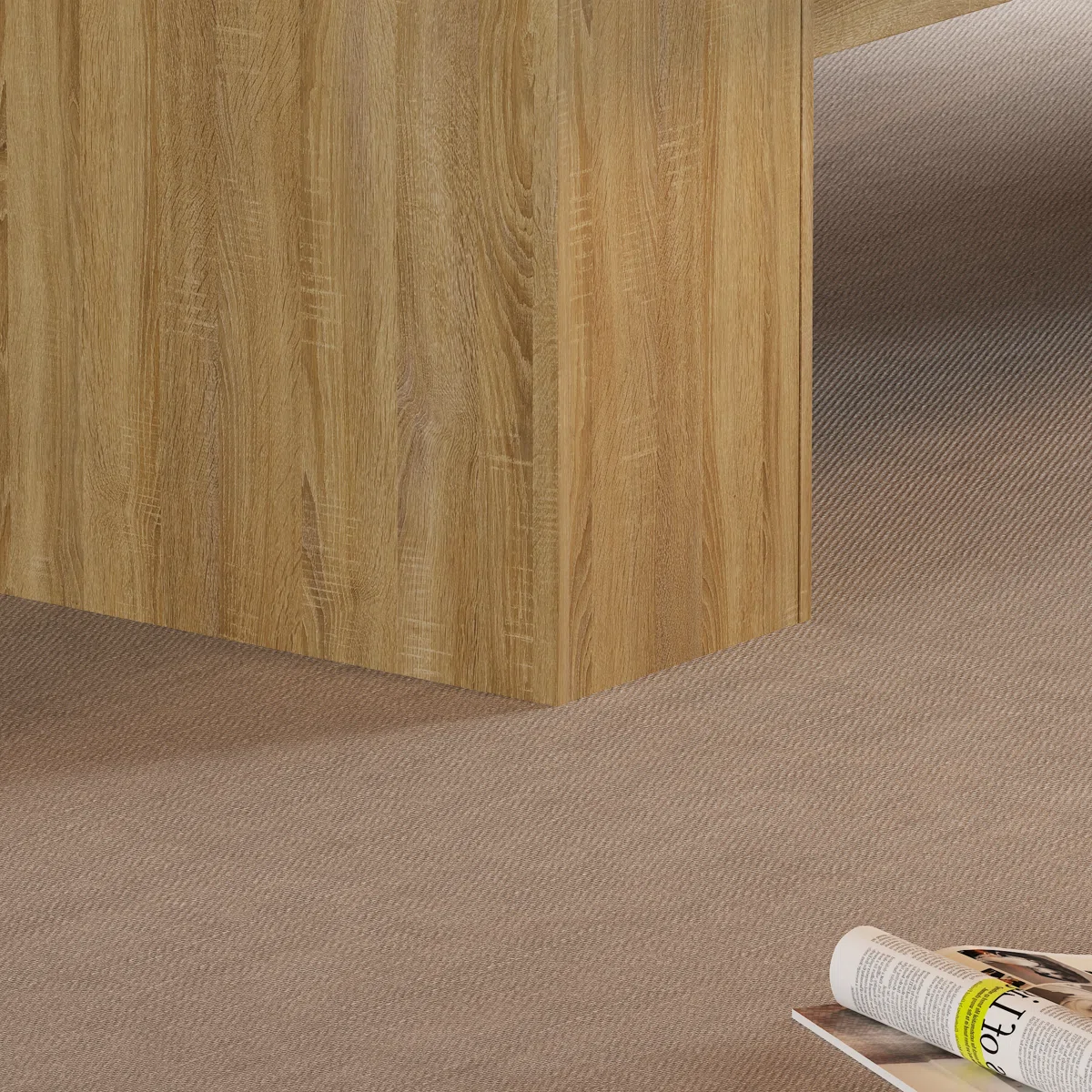 Height-adjustable oak wood workstation desk with drawers and wide tabletop