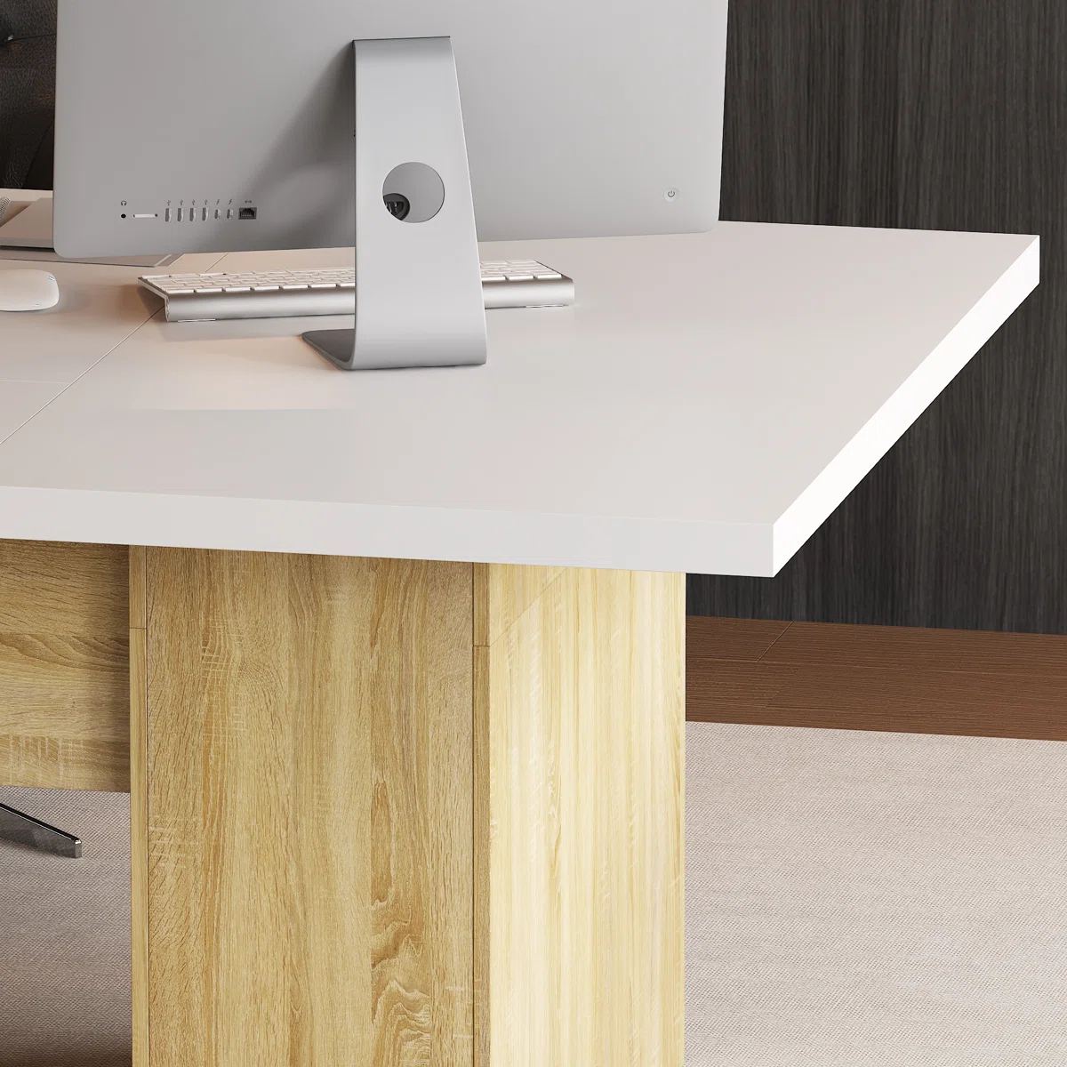 Height-adjustable oak wood workstation desk with drawers and wide tabletop