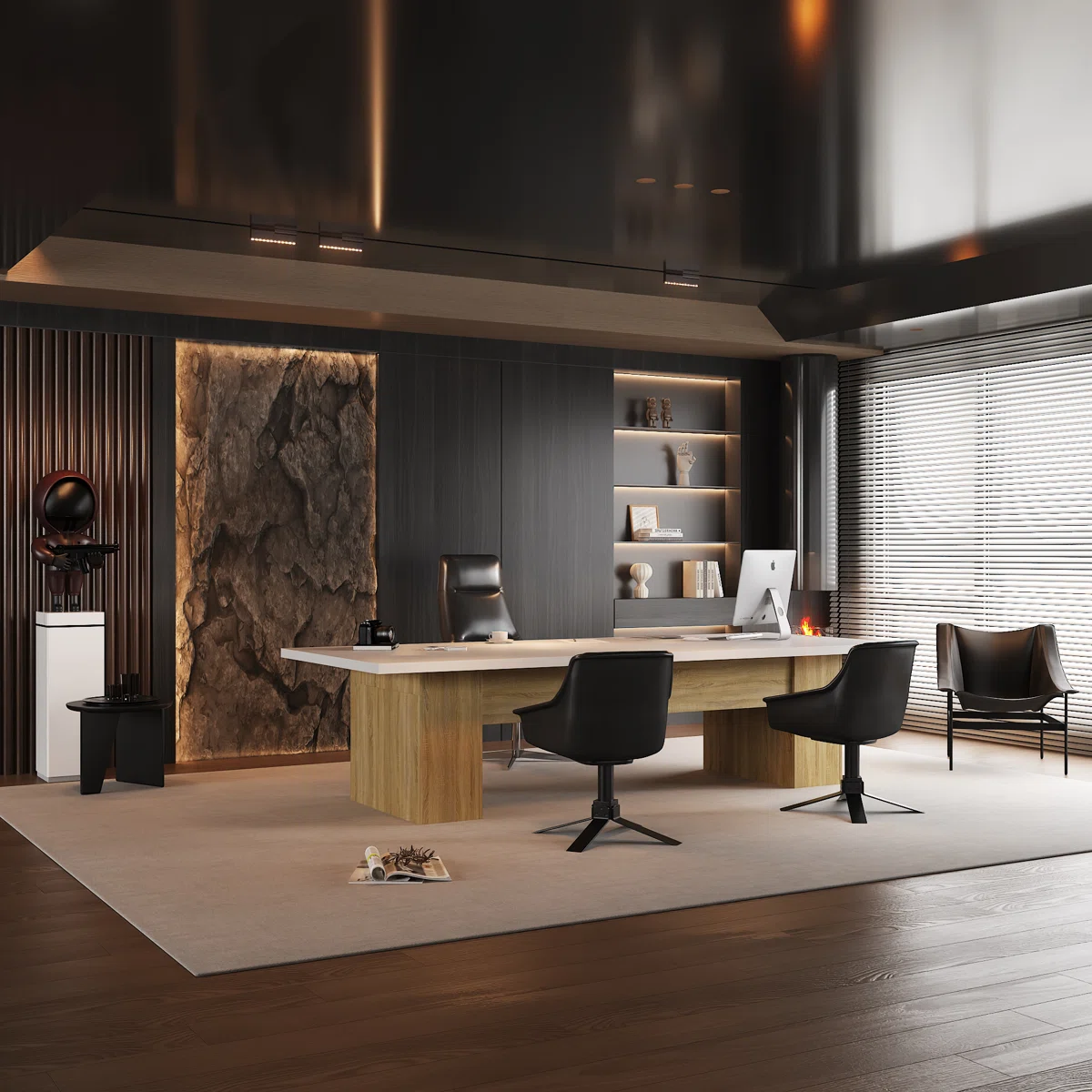 Height-adjustable oak wood workstation desk with drawers and wide tabletop