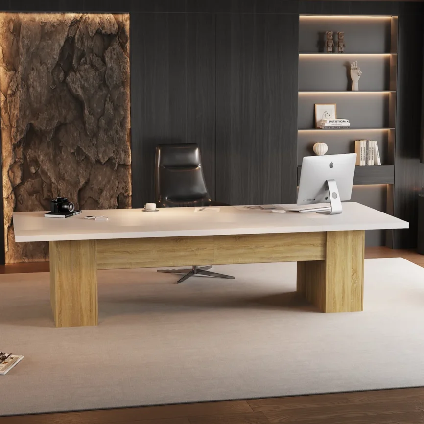 Height-adjustable oak wood workstation desk with drawers and wide tabletop