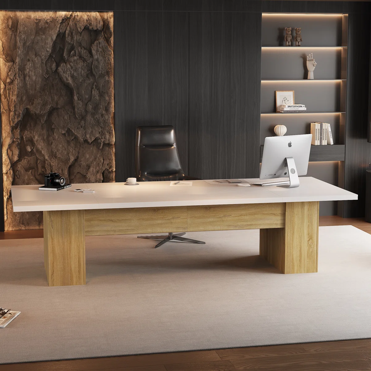 Height-adjustable oak wood workstation desk with drawers and wide tabletop