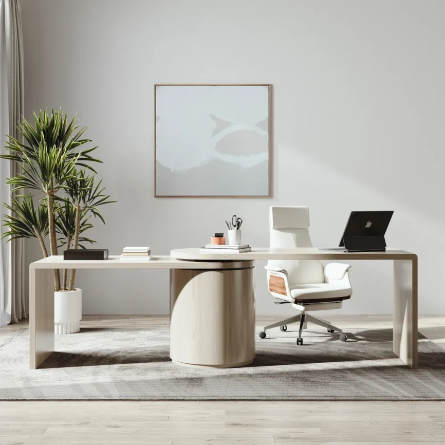 White L-shaped swivel computer desk with drawers, open shelf, and rotatable design