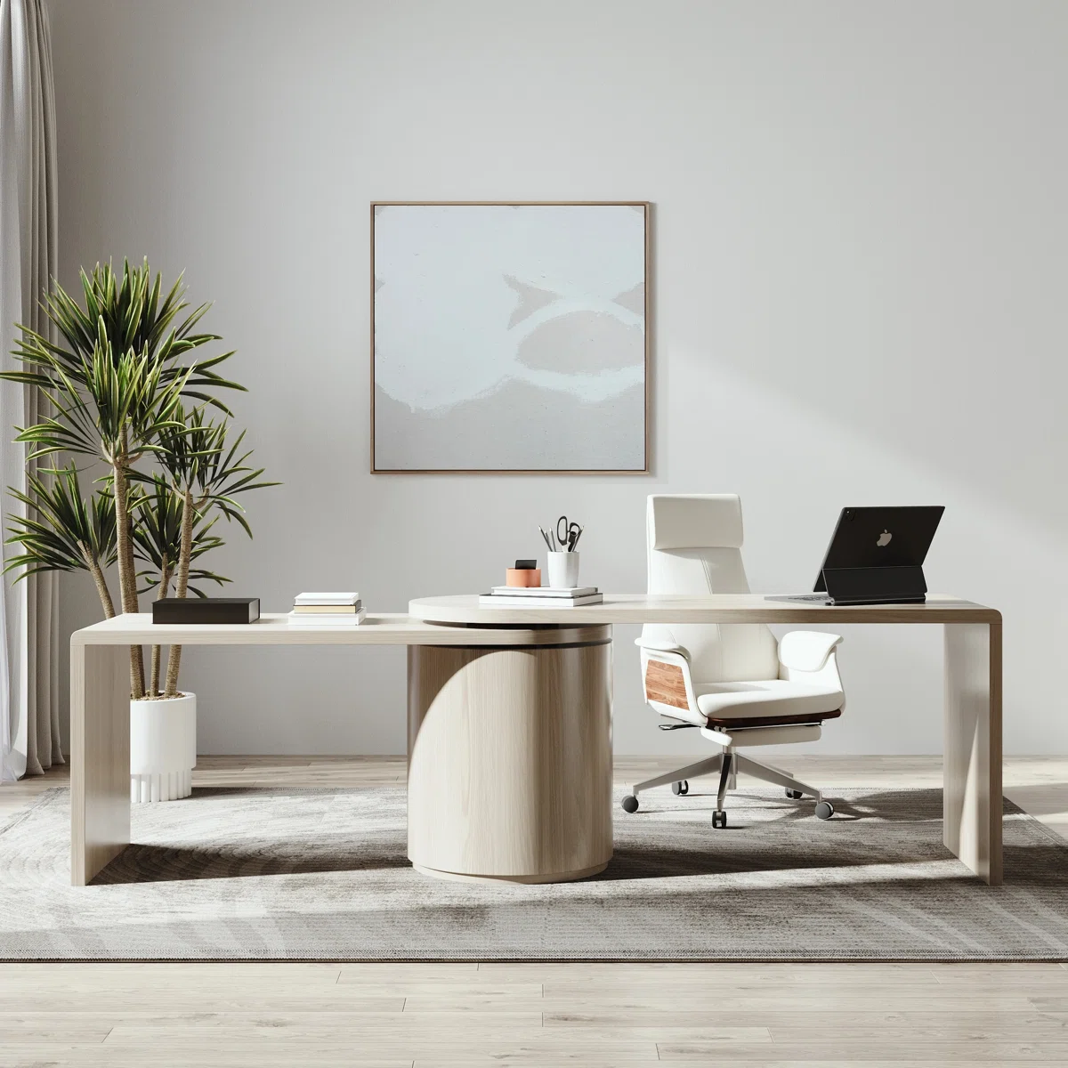 White L-shaped swivel computer desk with drawers, open shelf, and rotatable design