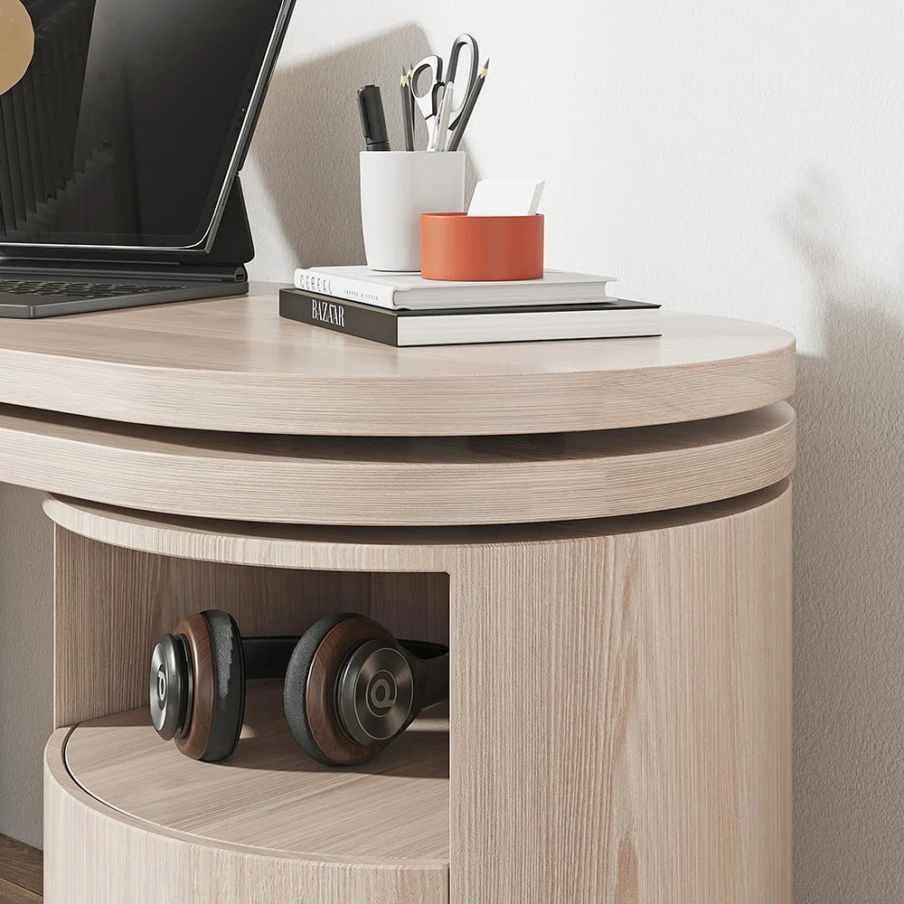 White L-shaped swivel computer desk with drawers, open shelf, and rotatable design