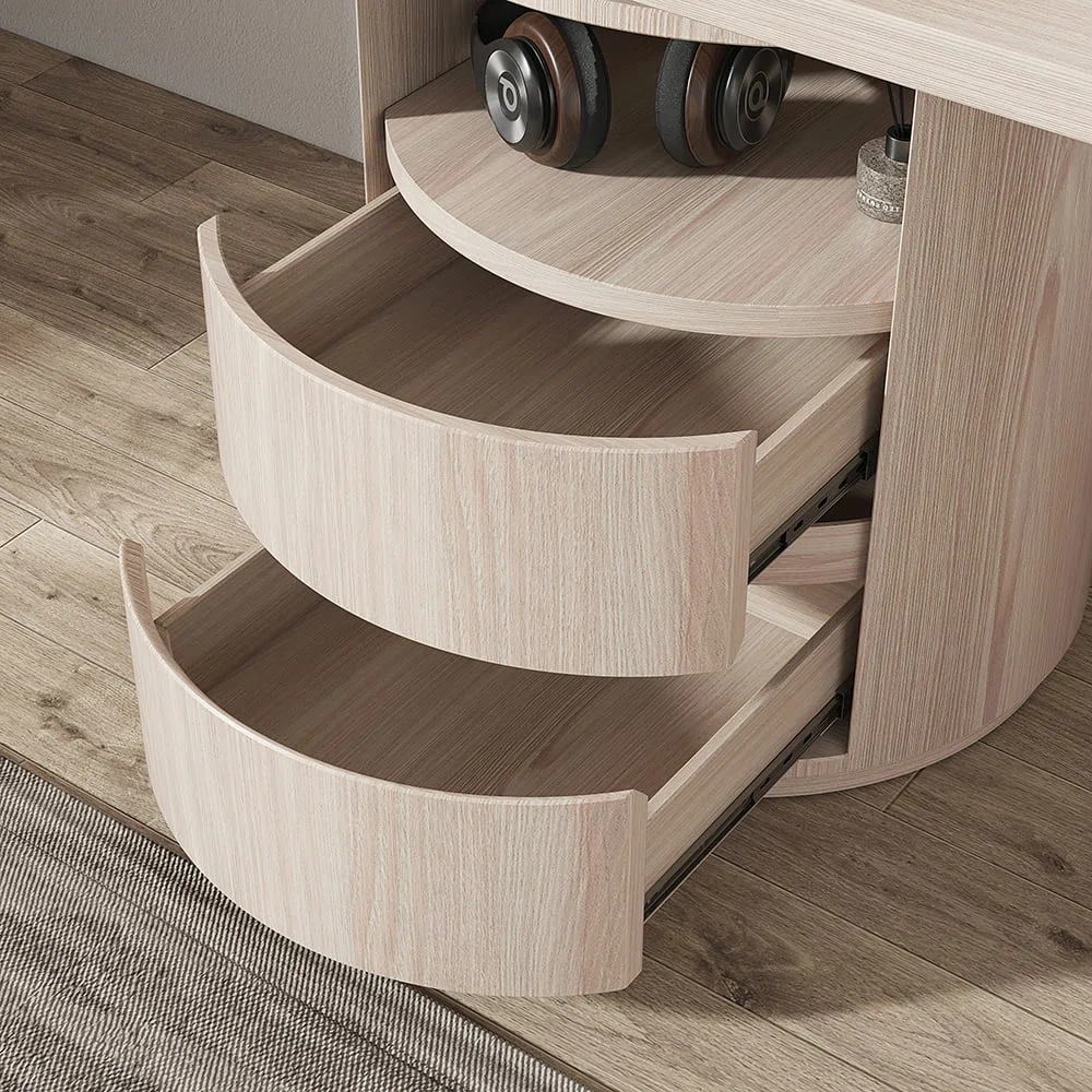 White L-shaped swivel computer desk with drawers, open shelf, and rotatable design