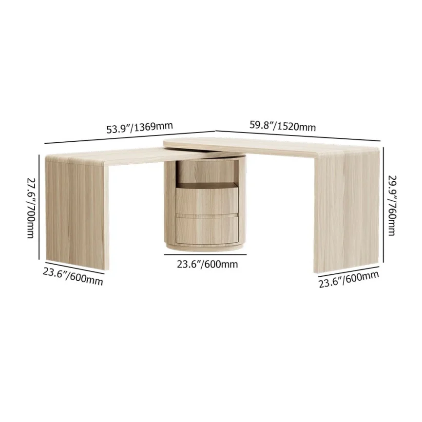 White L-shaped swivel computer desk with drawers, open shelf, and rotatable design