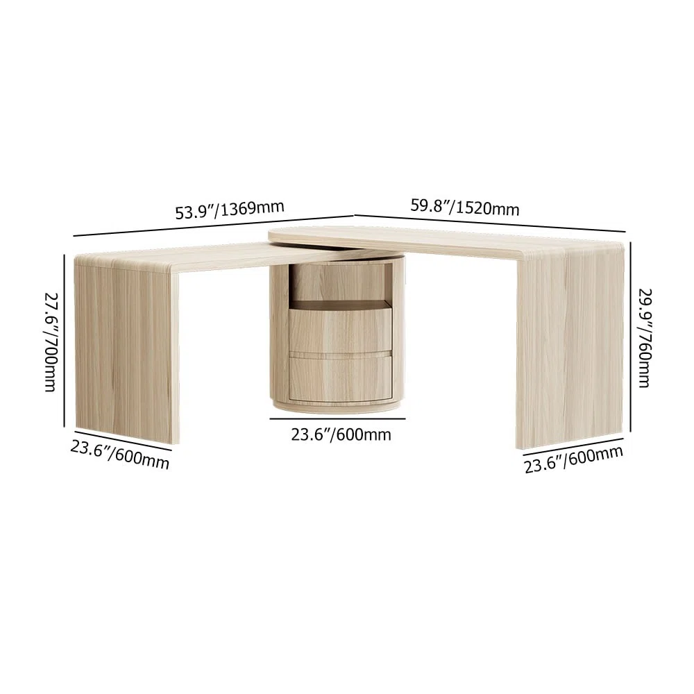 White L-shaped swivel computer desk with drawers, open shelf, and rotatable design