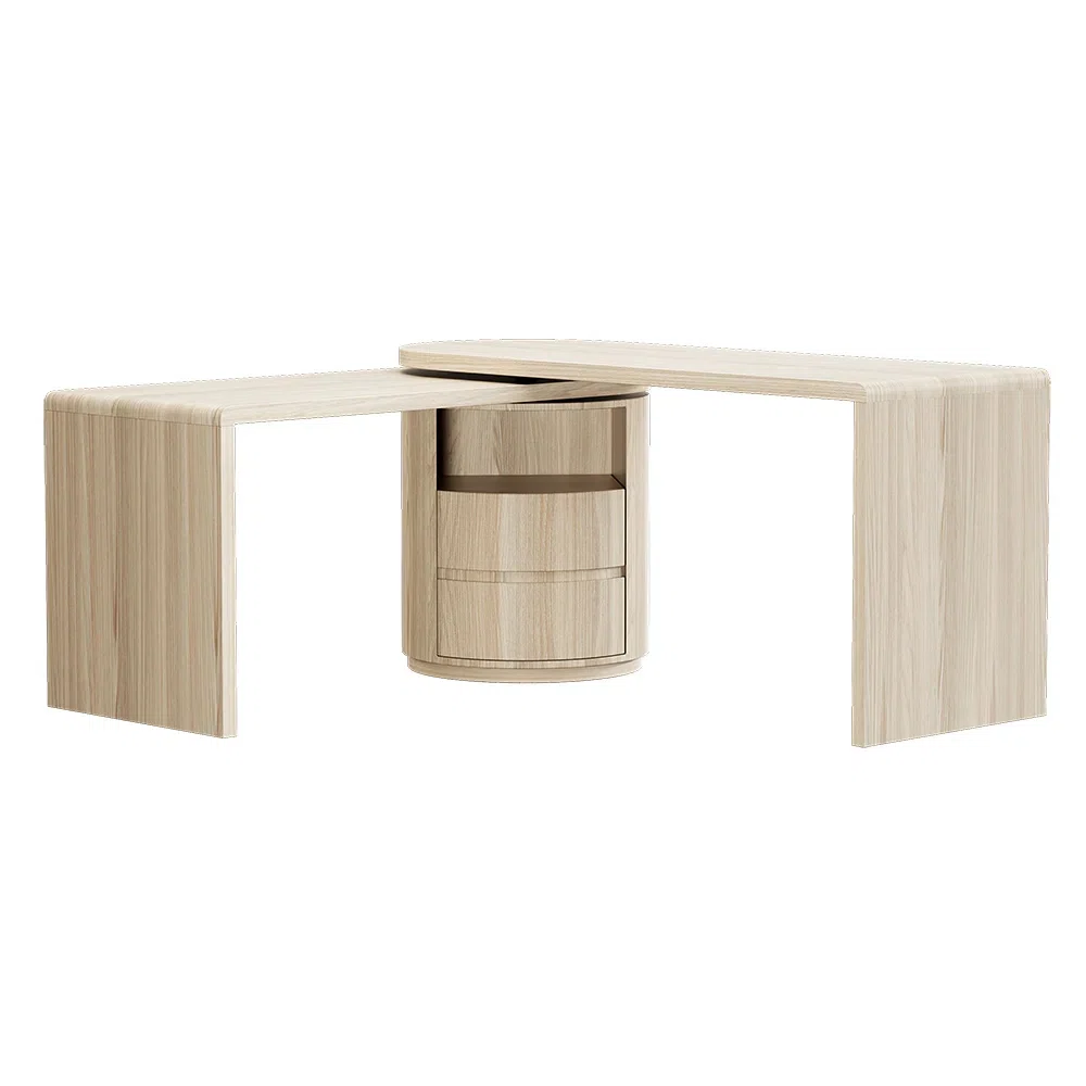 White L-shaped swivel computer desk with drawers, open shelf, and rotatable design