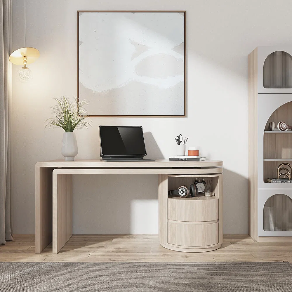 White L-shaped swivel computer desk with drawers, open shelf, and rotatable design