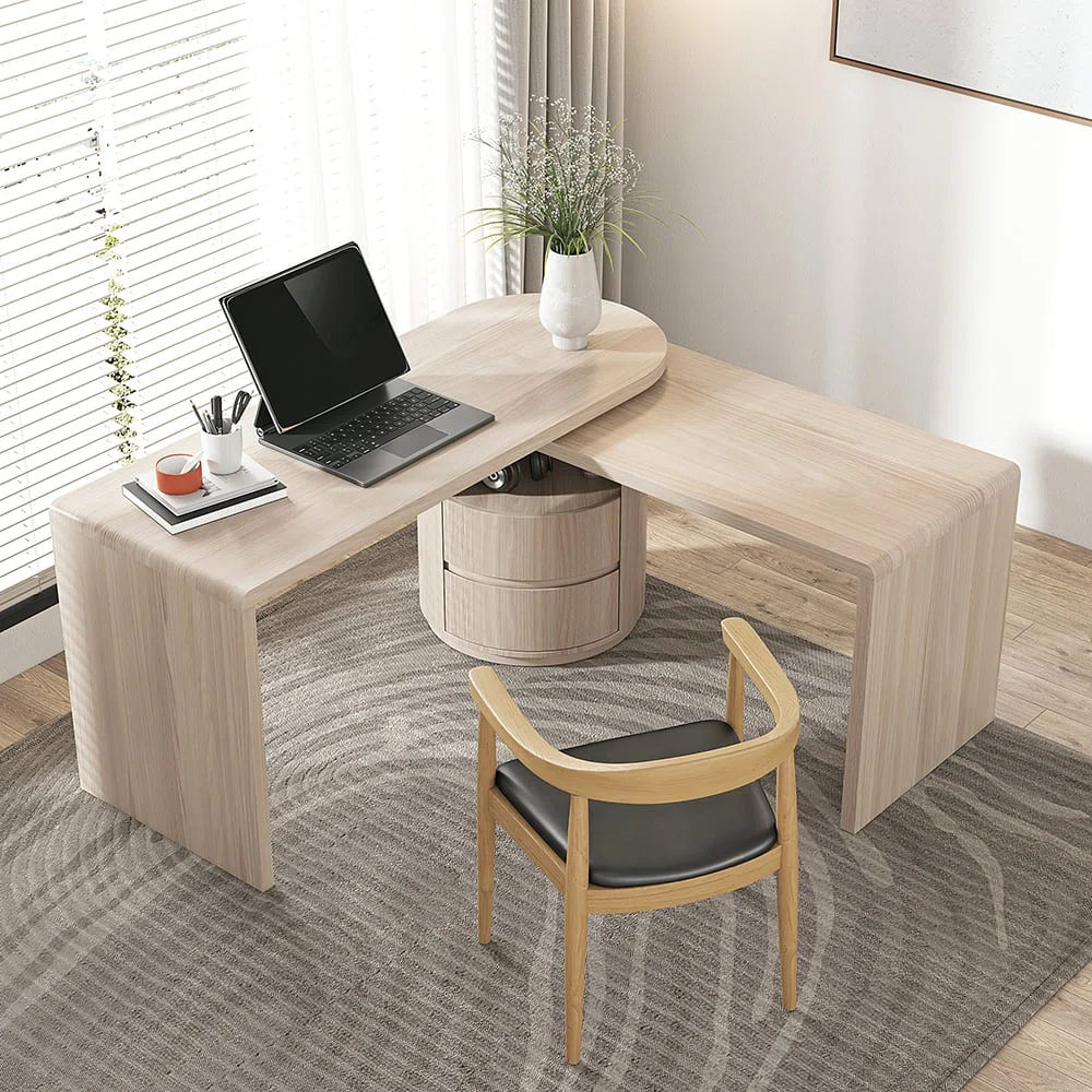 White L-shaped swivel computer desk with drawers, open shelf, and rotatable design