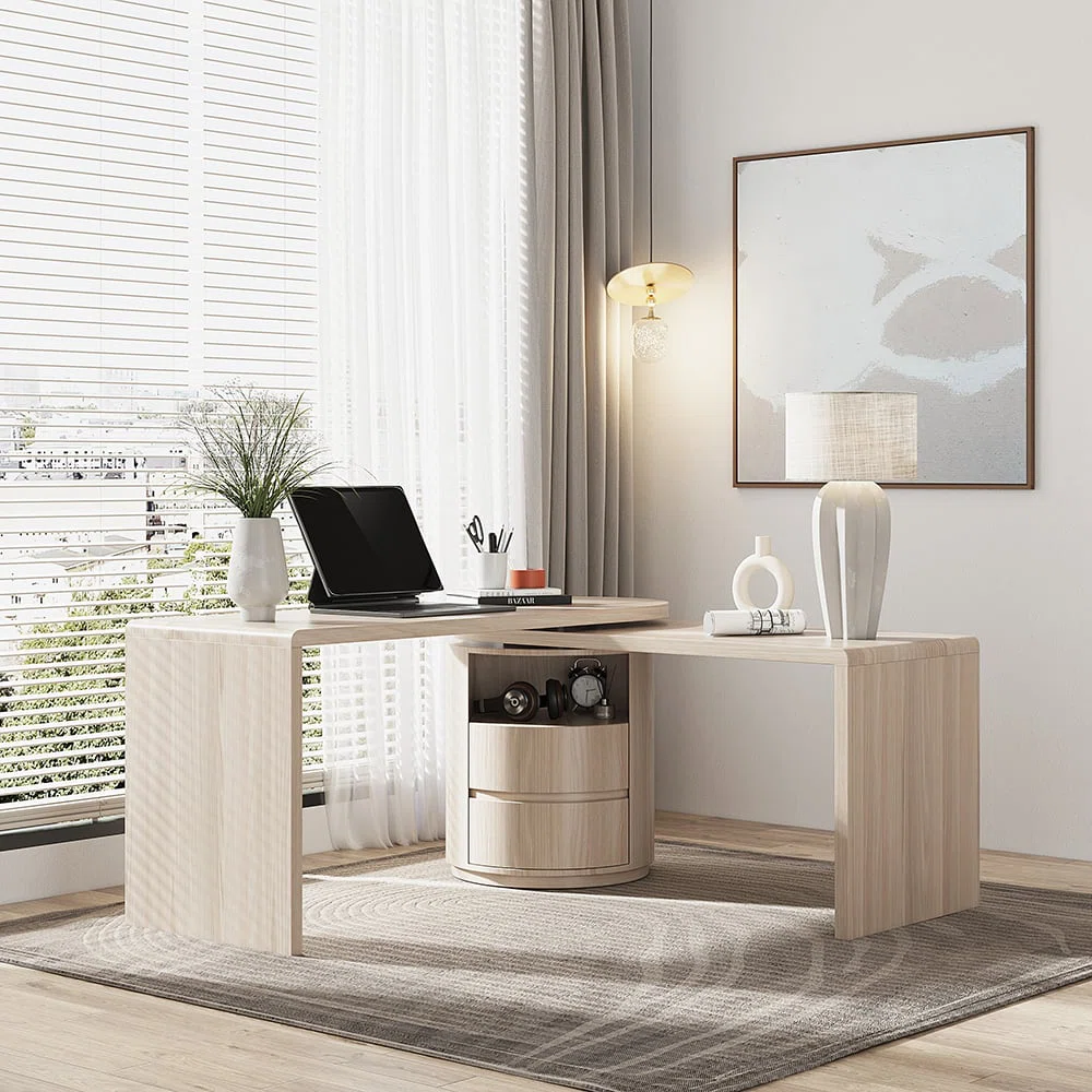 White L-shaped swivel computer desk with drawers, open shelf, and rotatable design