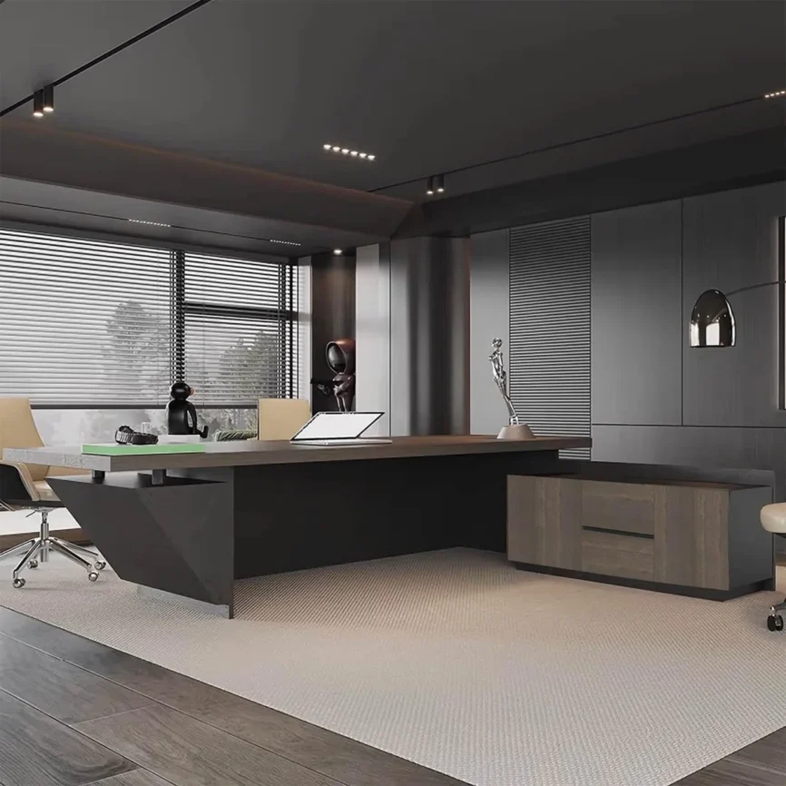 Orion adjustable L-shaped executive desk with walnut finish, height adjustment, built-in storage, cable management, and LED ambient lighting