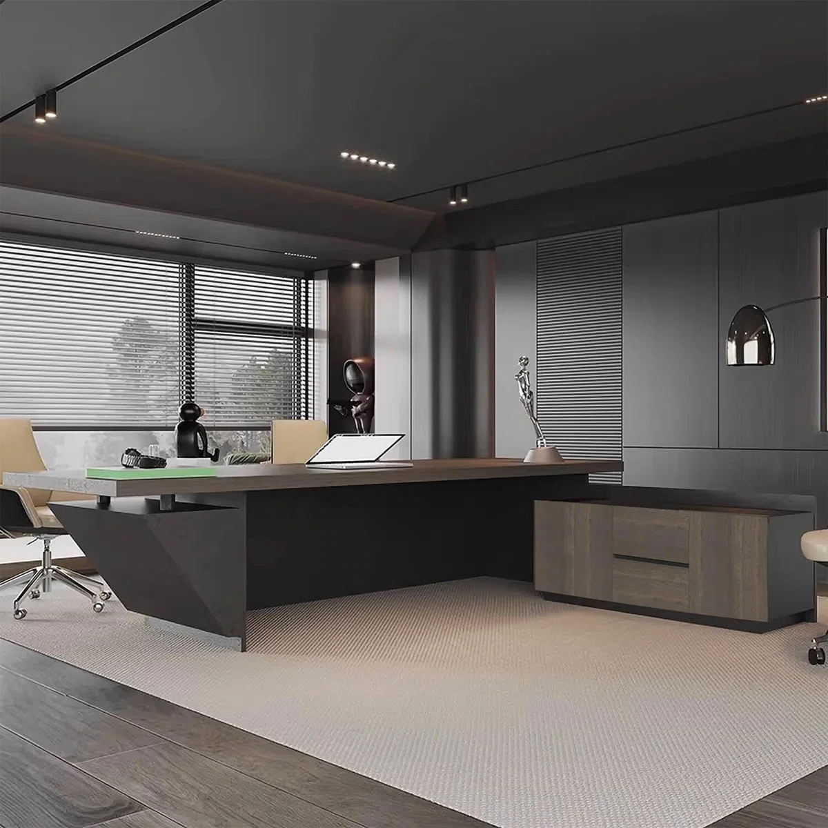 Orion adjustable L-shaped executive desk with walnut finish, height adjustment, built-in storage, cable management, and LED ambient lighting