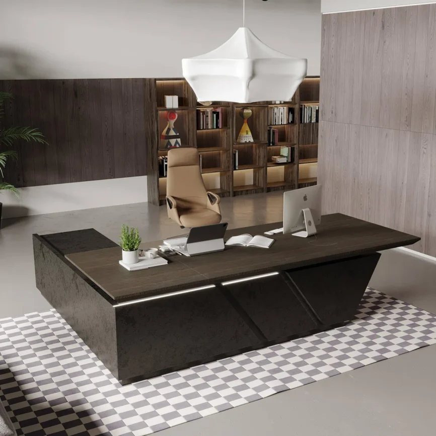 Orion adjustable L-shaped executive desk with walnut finish, height adjustment, built-in storage, cable management, and LED ambient lighting