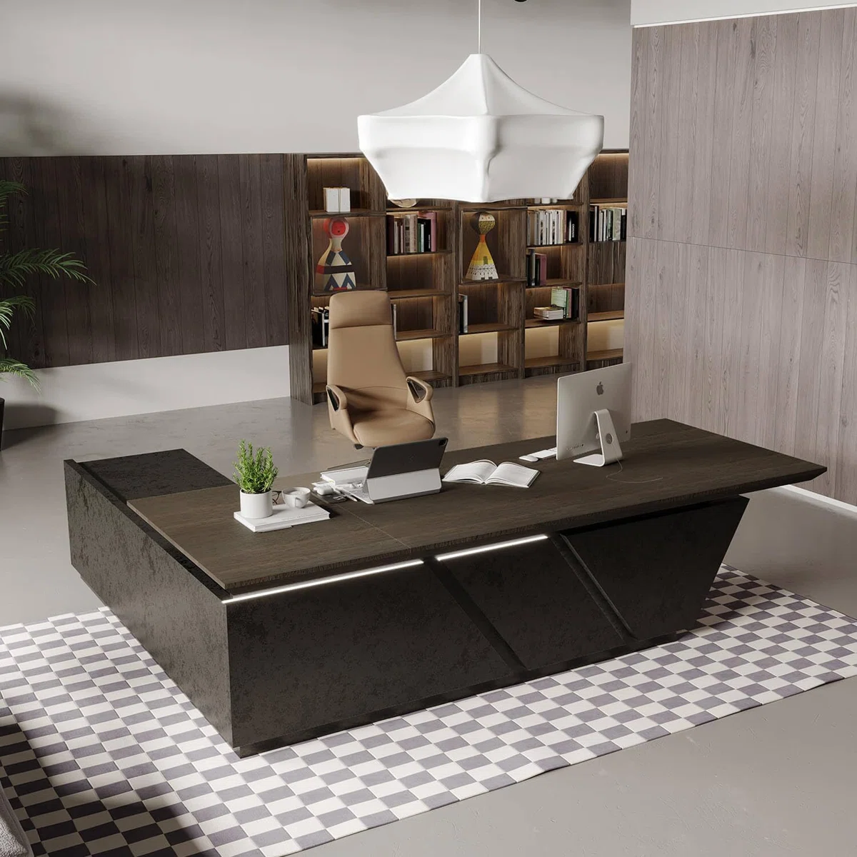 Orion adjustable L-shaped executive desk with walnut finish, height adjustment, built-in storage, cable management, and LED ambient lighting