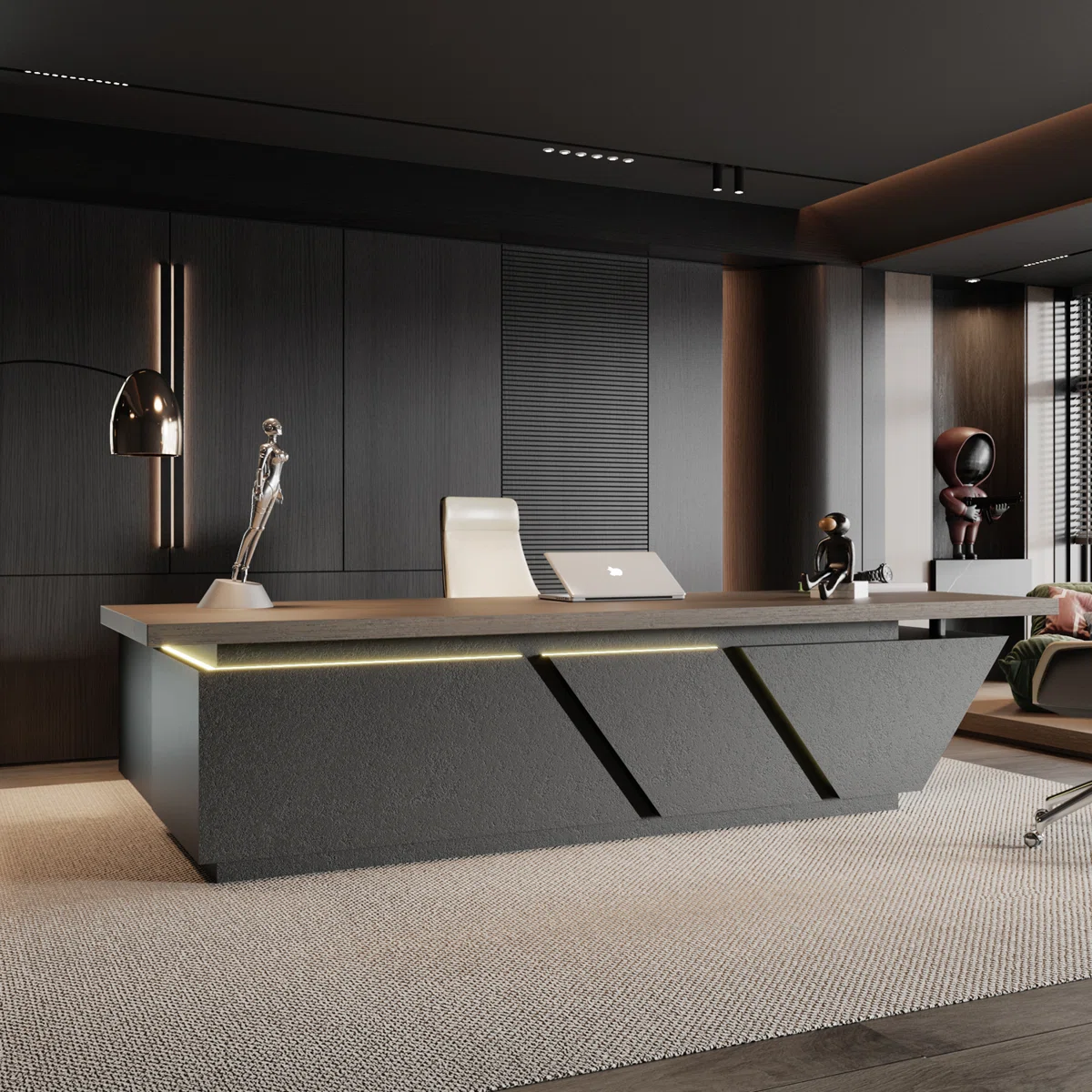 Orion adjustable L-shaped executive desk with walnut finish, height adjustment, built-in storage, cable management, and LED ambient lighting