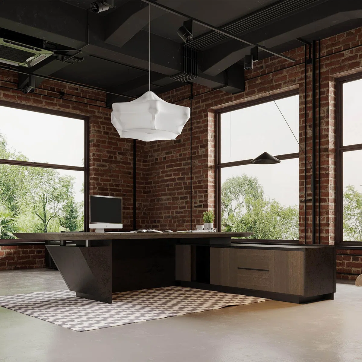 Orion adjustable L-shaped executive desk with walnut finish, height adjustment, built-in storage, cable management, and LED ambient lighting