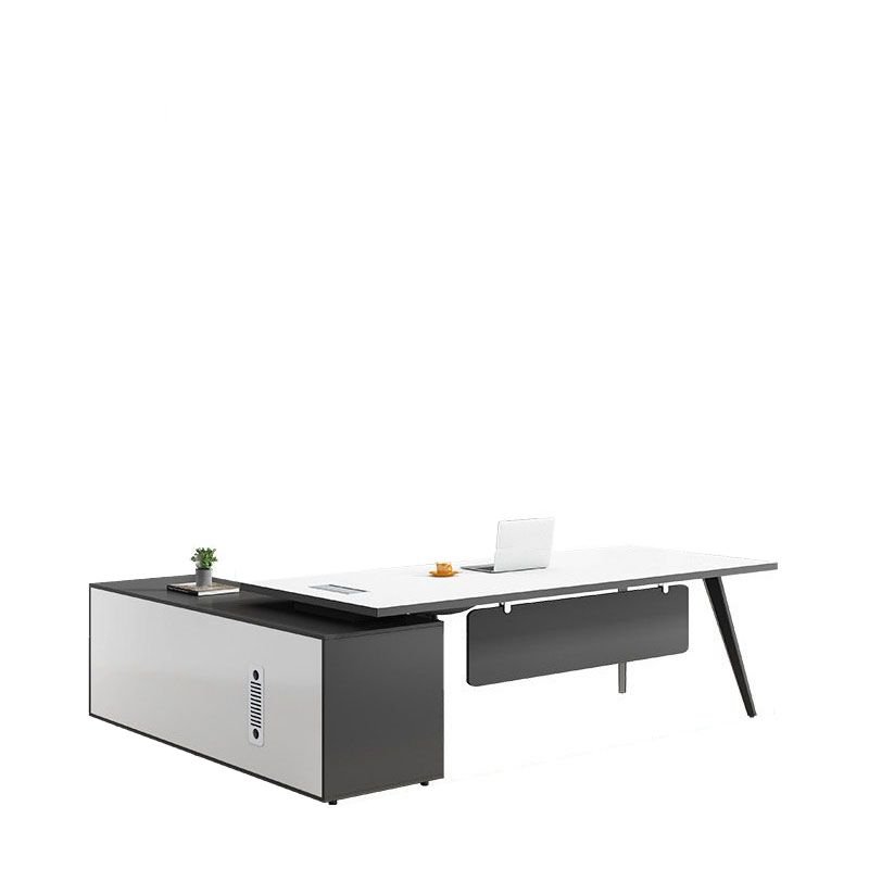 Modern L-shaped executive boardroom desk with integrated cable management, CPU storage, drawers, and desk return.