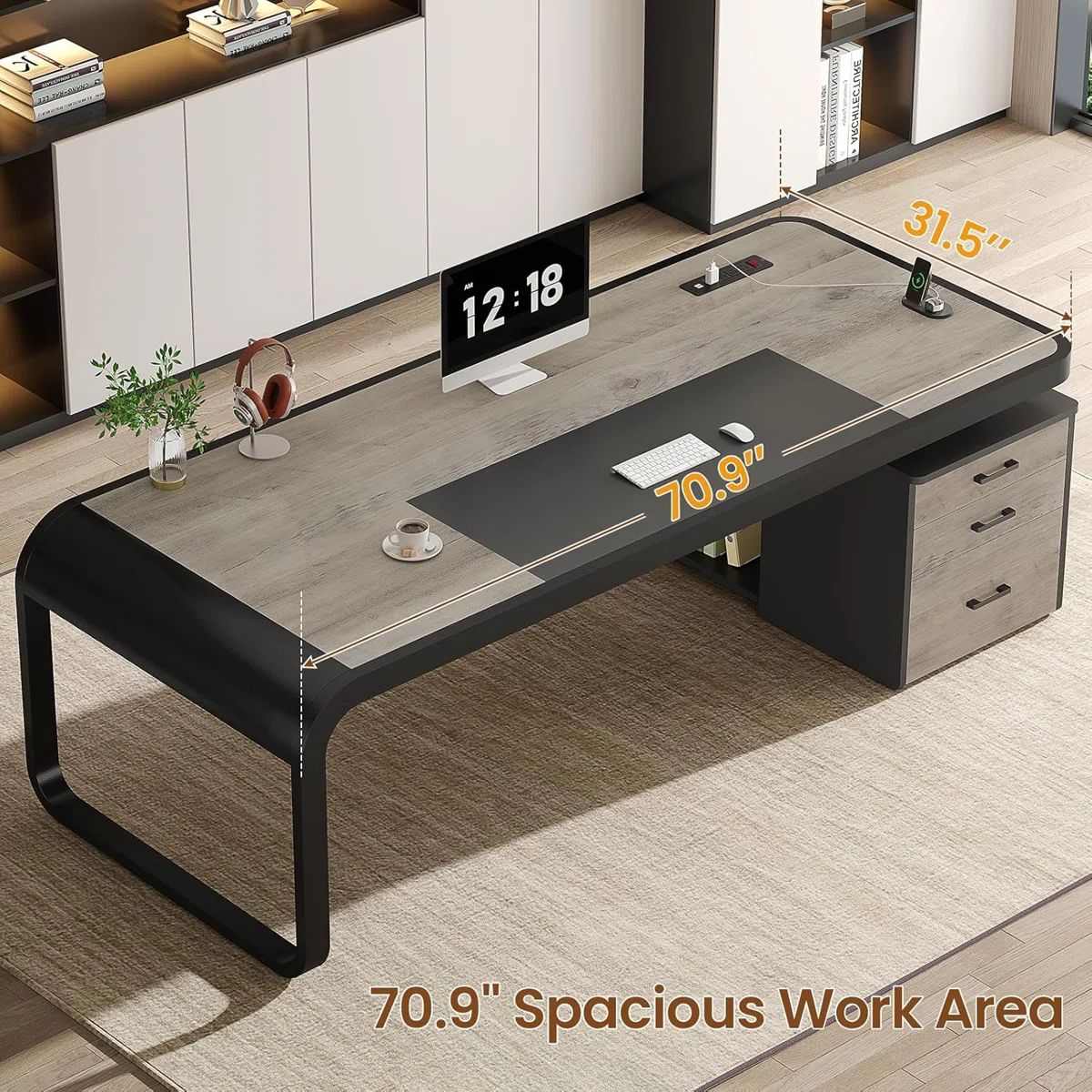 Curved executive desk with built-in outlets, USB ports, drawers, and file cabinet