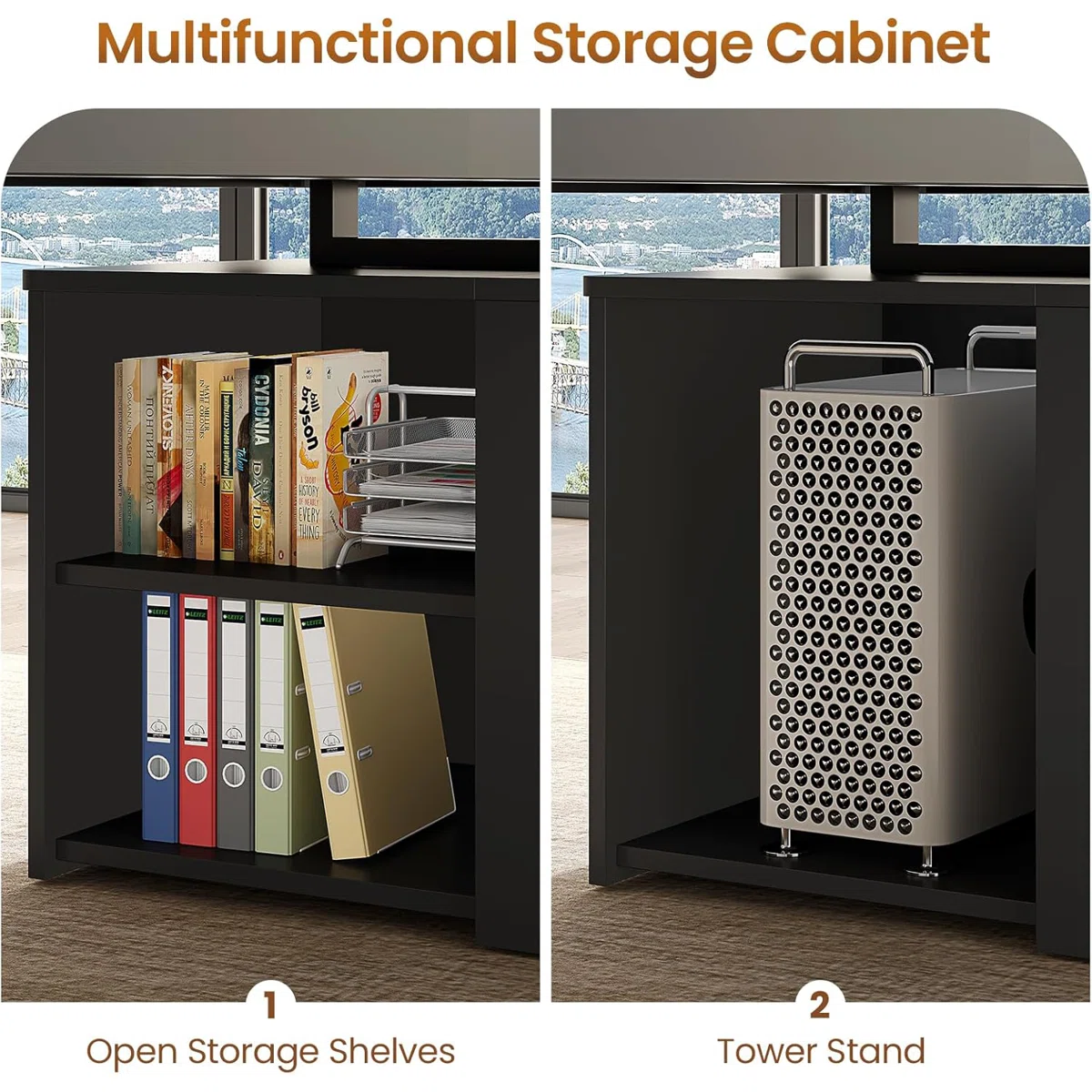 Curved executive desk with built-in outlets, USB ports, drawers, and file cabinet