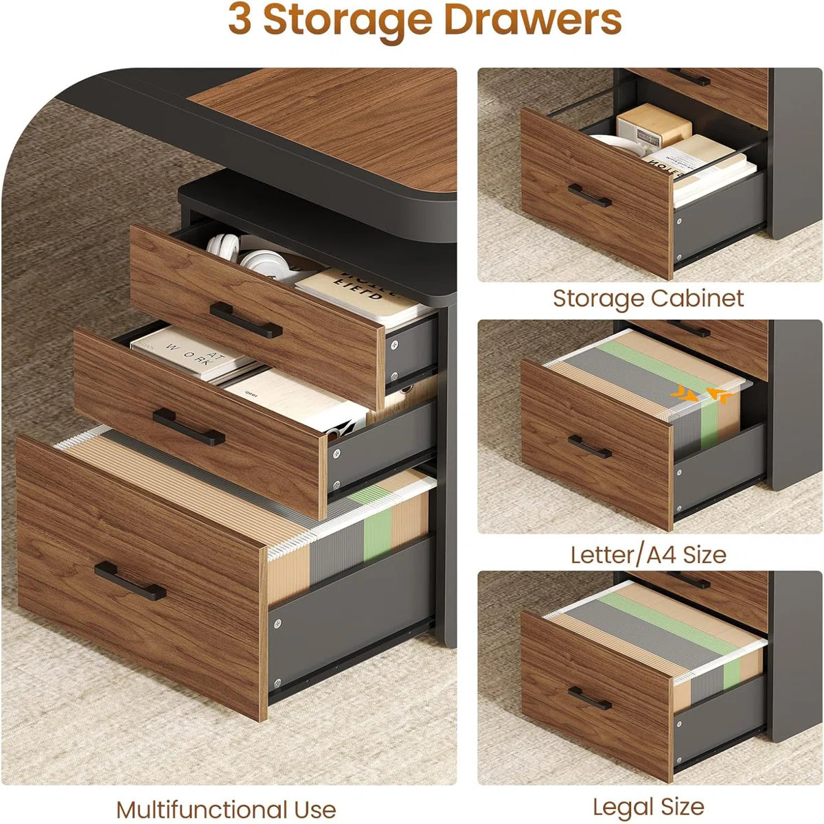 Curved executive desk with built-in outlets, USB ports, drawers, and file cabinet