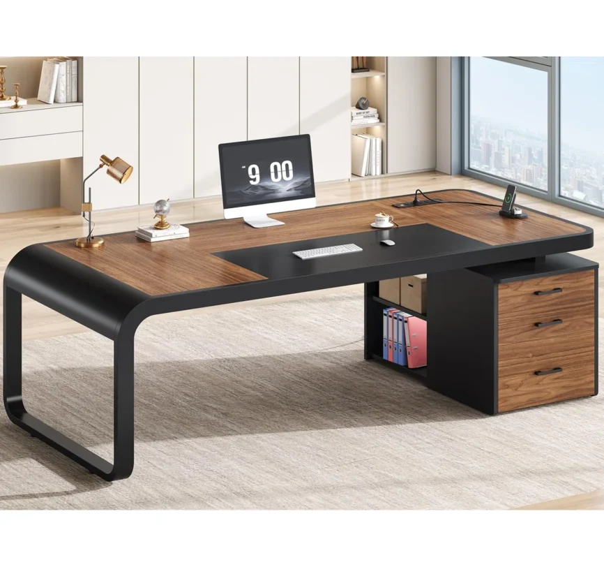 Curved executive desk with built-in outlets, USB ports, drawers, and file cabinet