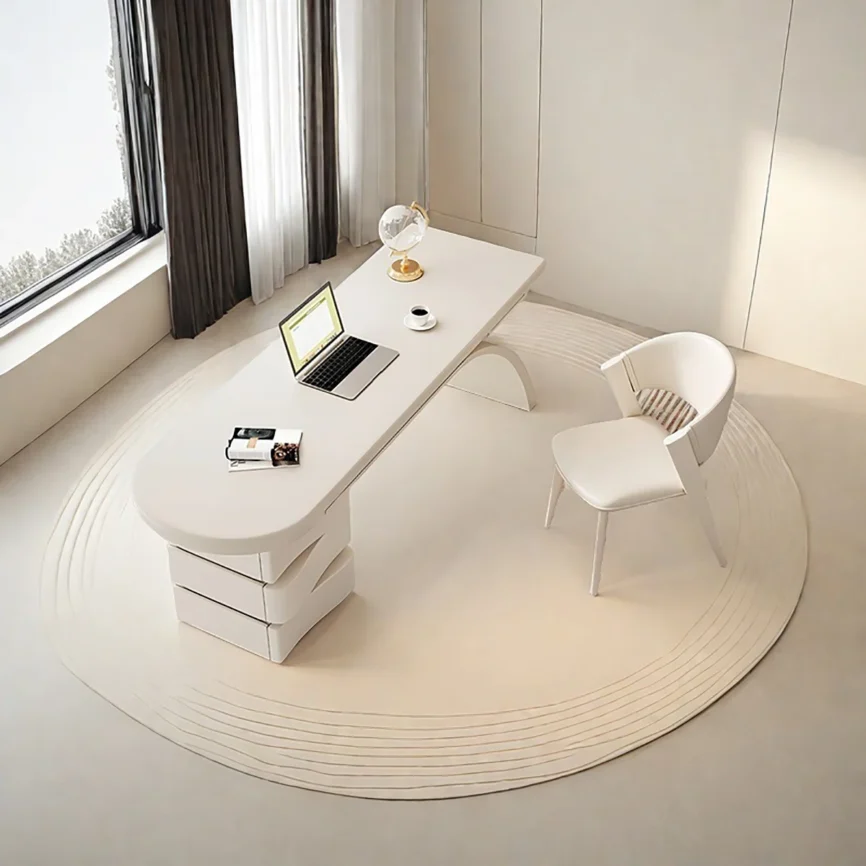 Beige modern writing desk with high-gloss finish, spacious surface, side cabinet with three drawers, and open storage compartment.