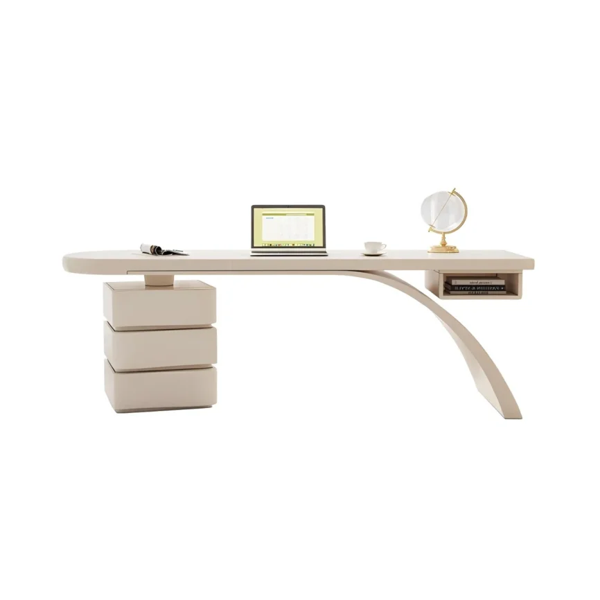 Beige modern writing desk with high-gloss finish, spacious surface, side cabinet with three drawers, and open storage compartment.