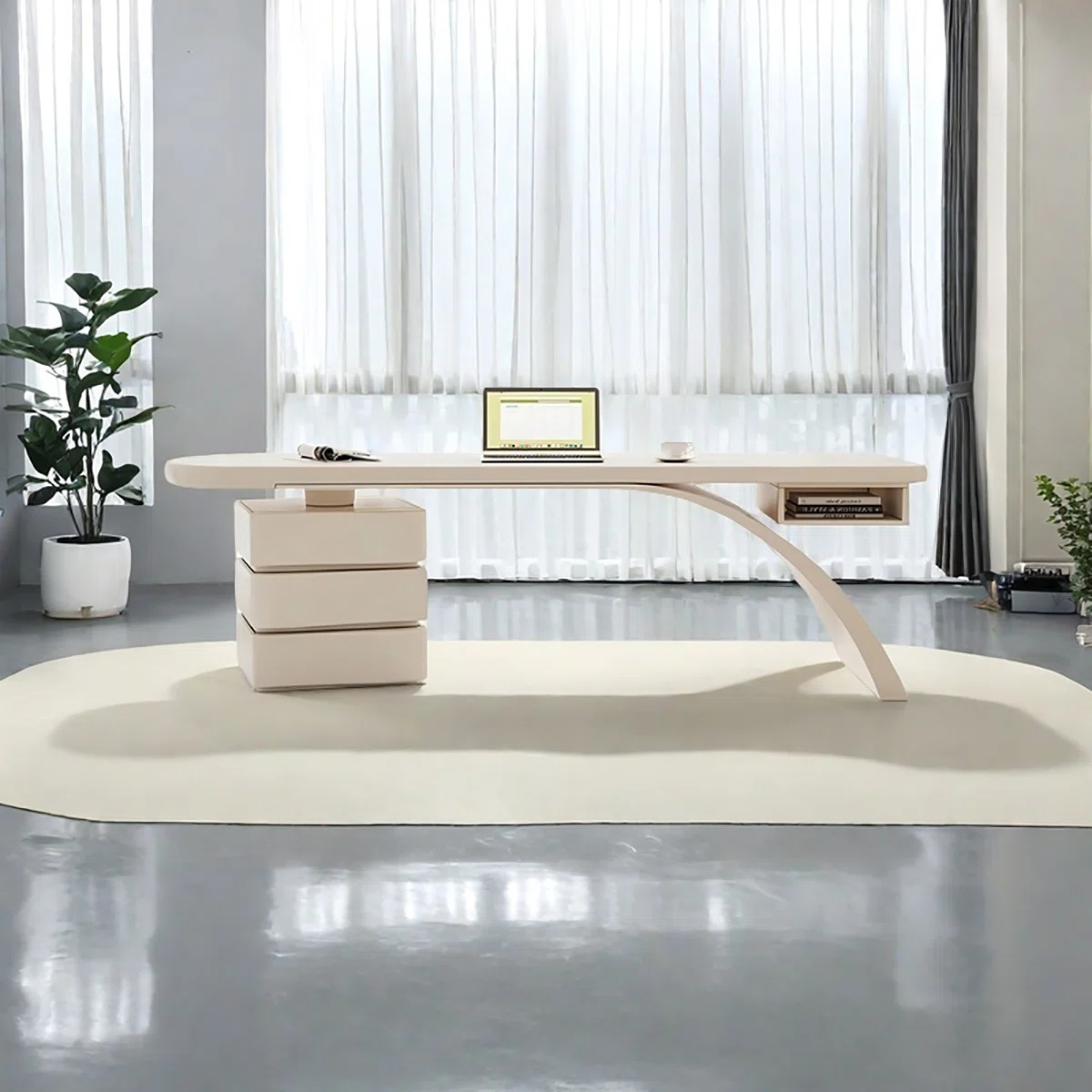 Beige modern writing desk with high-gloss finish, spacious surface, side cabinet with three drawers, and open storage compartment.