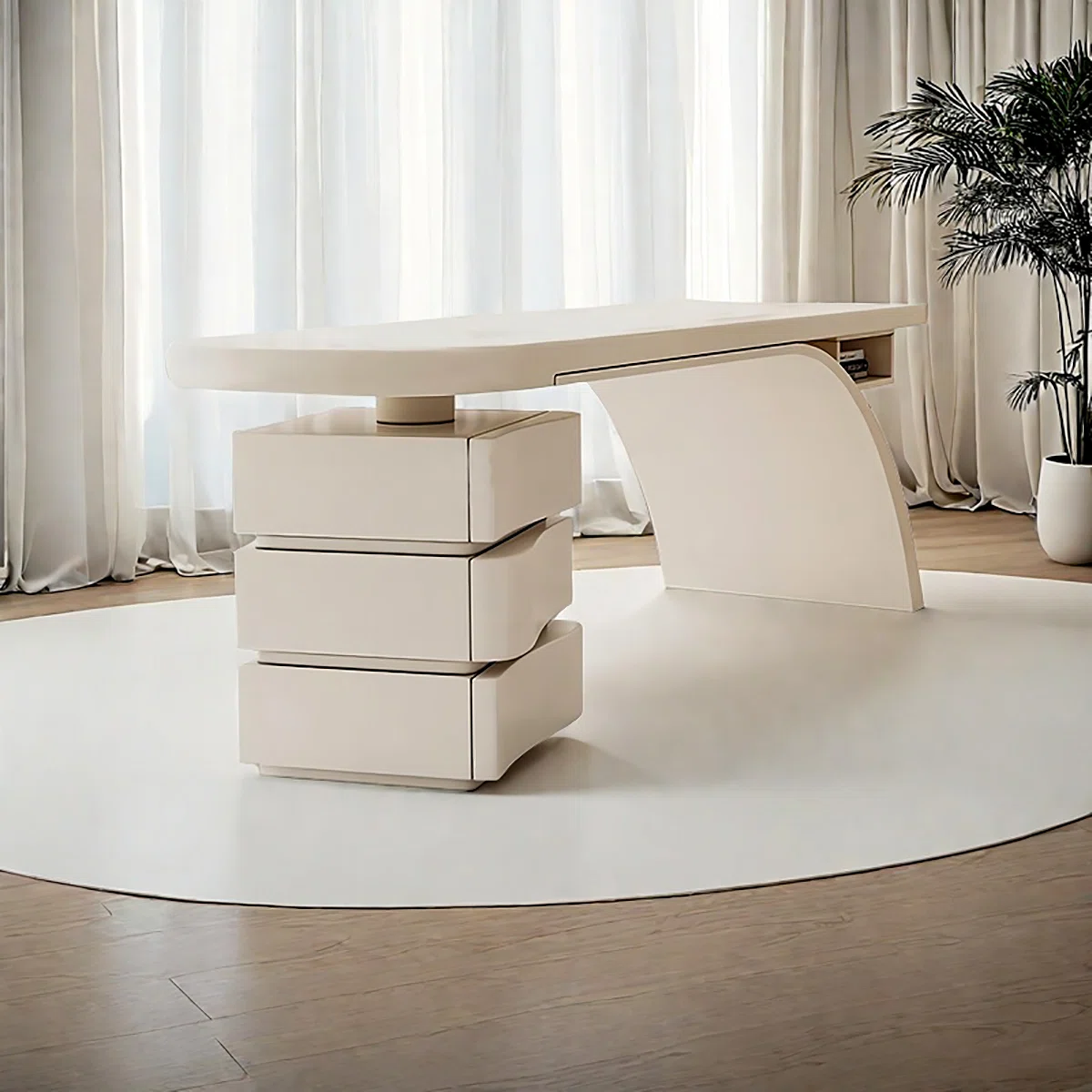 Beige modern writing desk with high-gloss finish, spacious surface, side cabinet with three drawers, and open storage compartment.