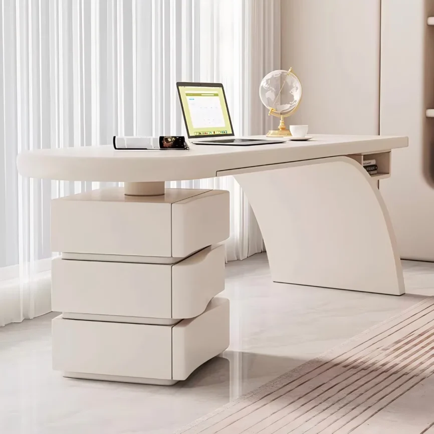 Beige modern writing desk with high-gloss finish, spacious surface, side cabinet with three drawers, and open storage compartment.