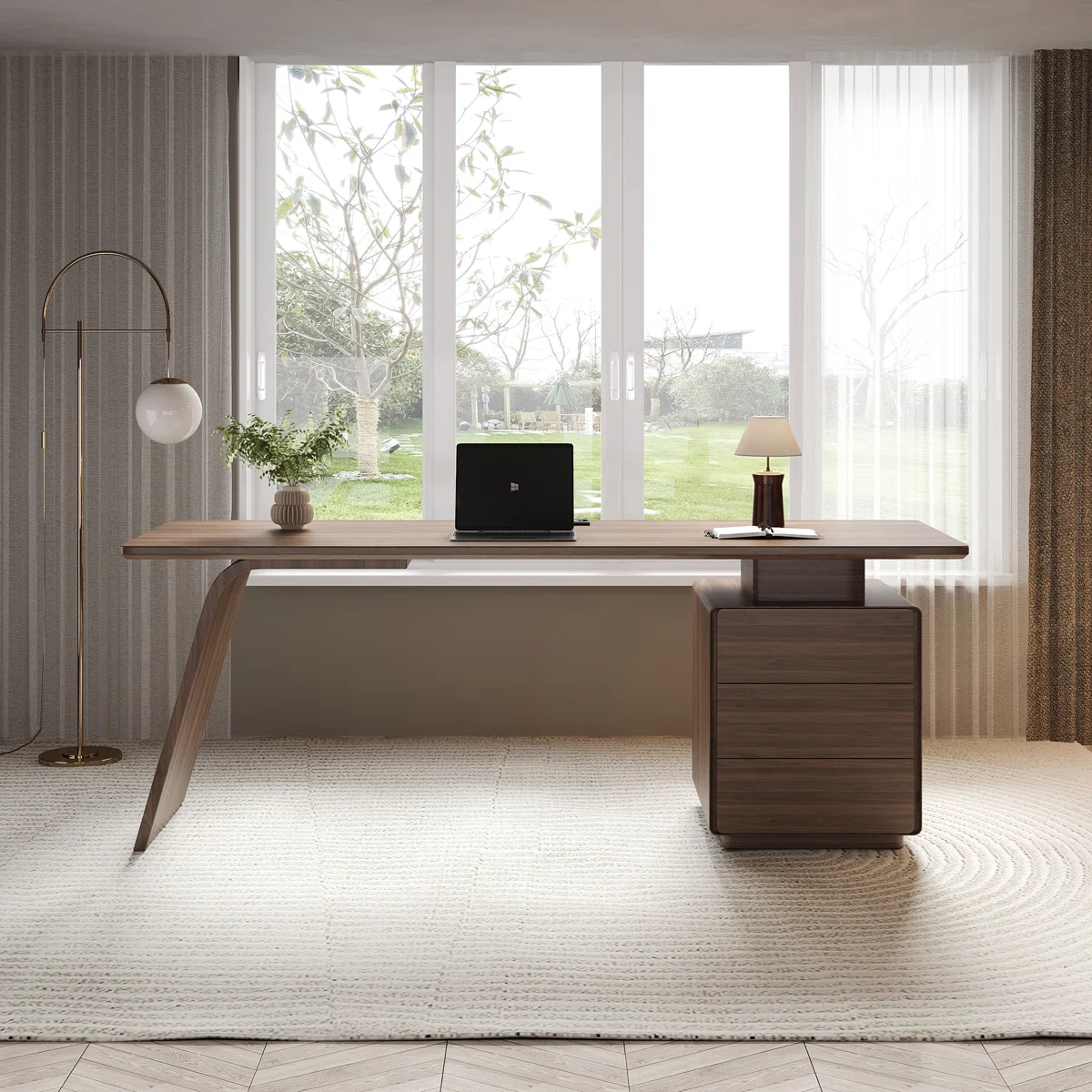 Valencia luxury walnut desk with built-in power outlets and storage drawers, featuring sleek modern design and durable construction