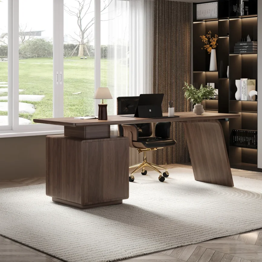 Valencia luxury walnut desk with built-in power outlets and storage drawers, featuring sleek modern design and durable construction
