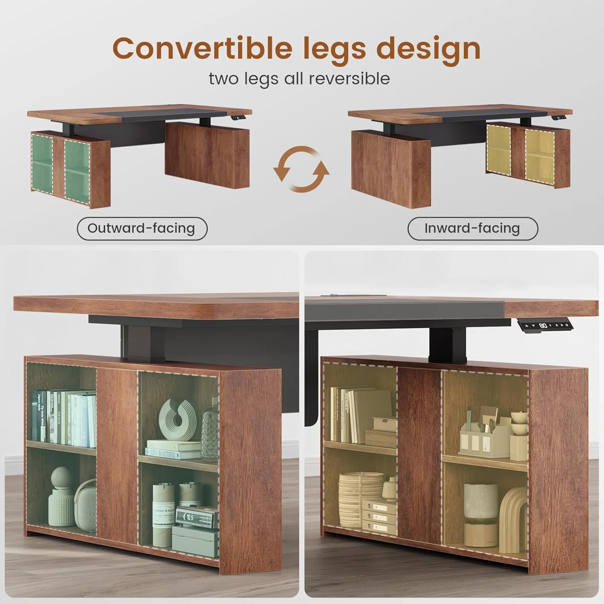 Golden brown executive standing desk with black steel base, open shelves, and built-in outlets