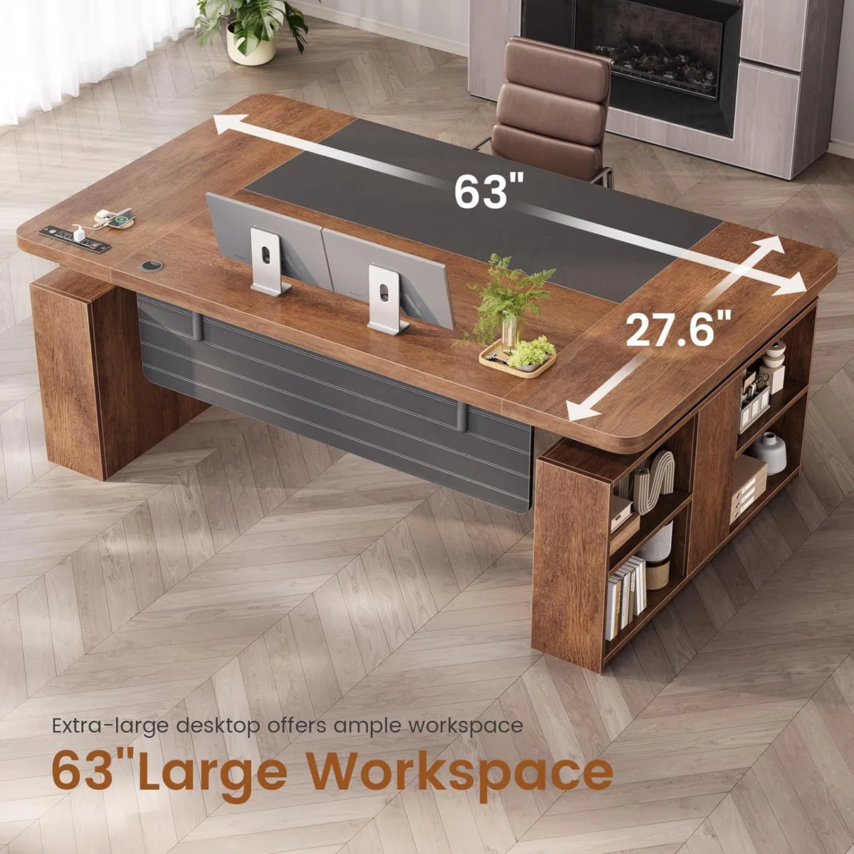 Golden brown executive standing desk with black steel base, open shelves, and built-in outlets