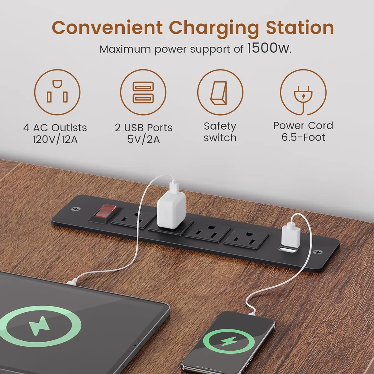 Golden brown executive standing desk with black steel base, open shelves, and built-in outlets