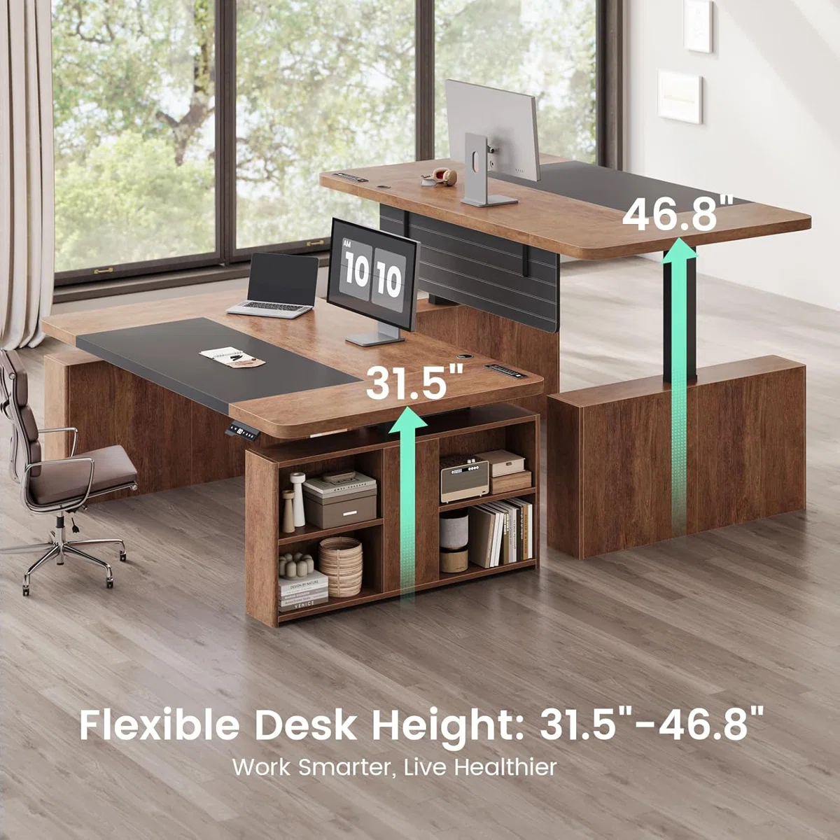 Golden brown executive standing desk with black steel base, open shelves, and built-in outlets