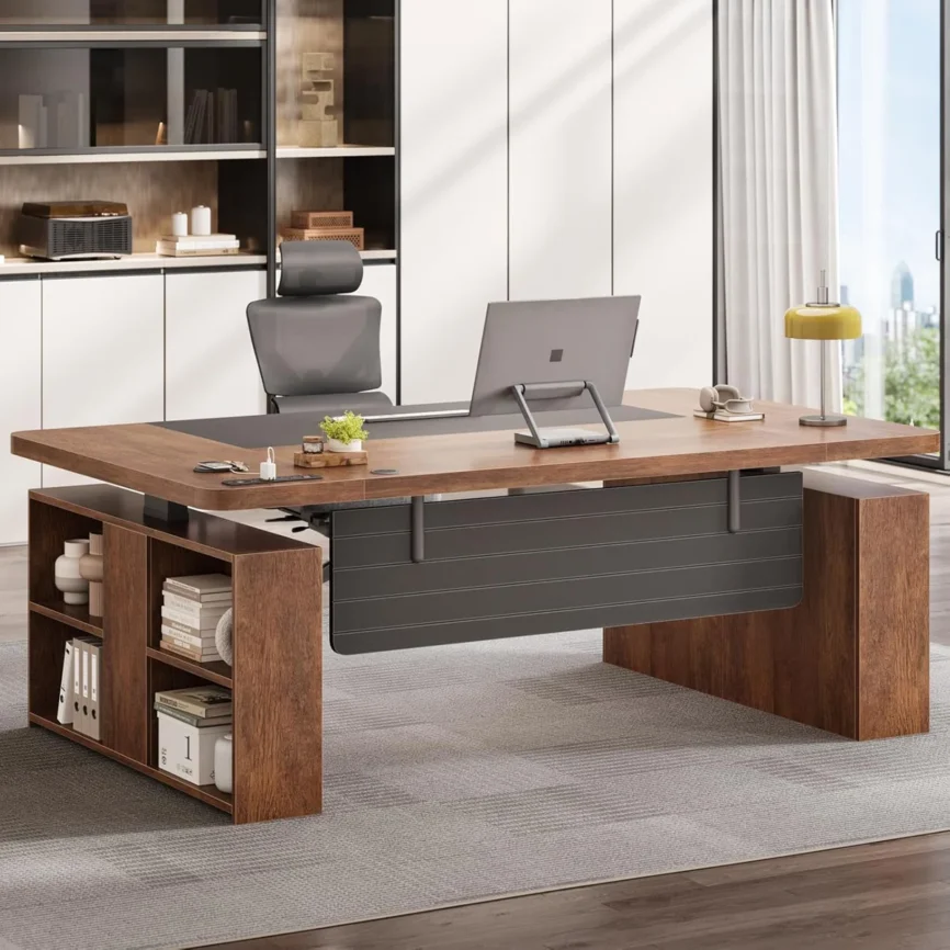 Golden brown executive standing desk with black steel base, open shelves, and built-in outlets