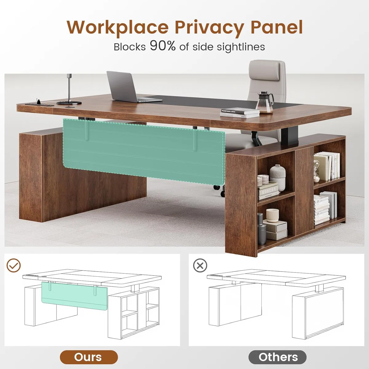Golden brown executive standing desk with black steel base, open shelves, and built-in outlets