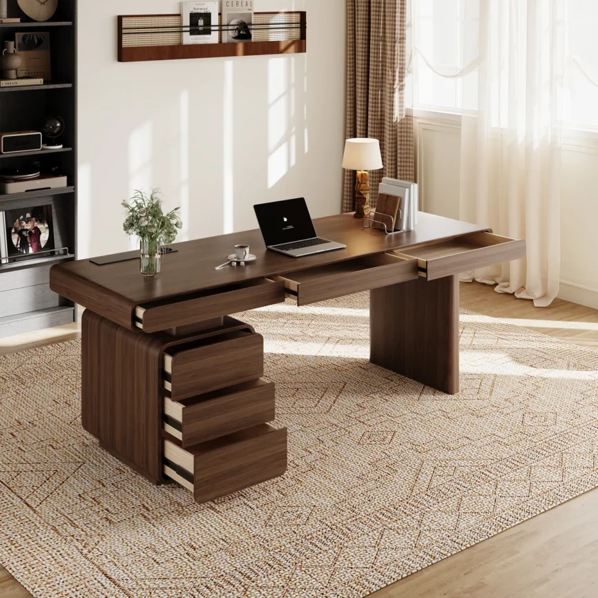 Modern walnut minimalist desk with built-in power outlets and concealed storage, designed for home office productivity