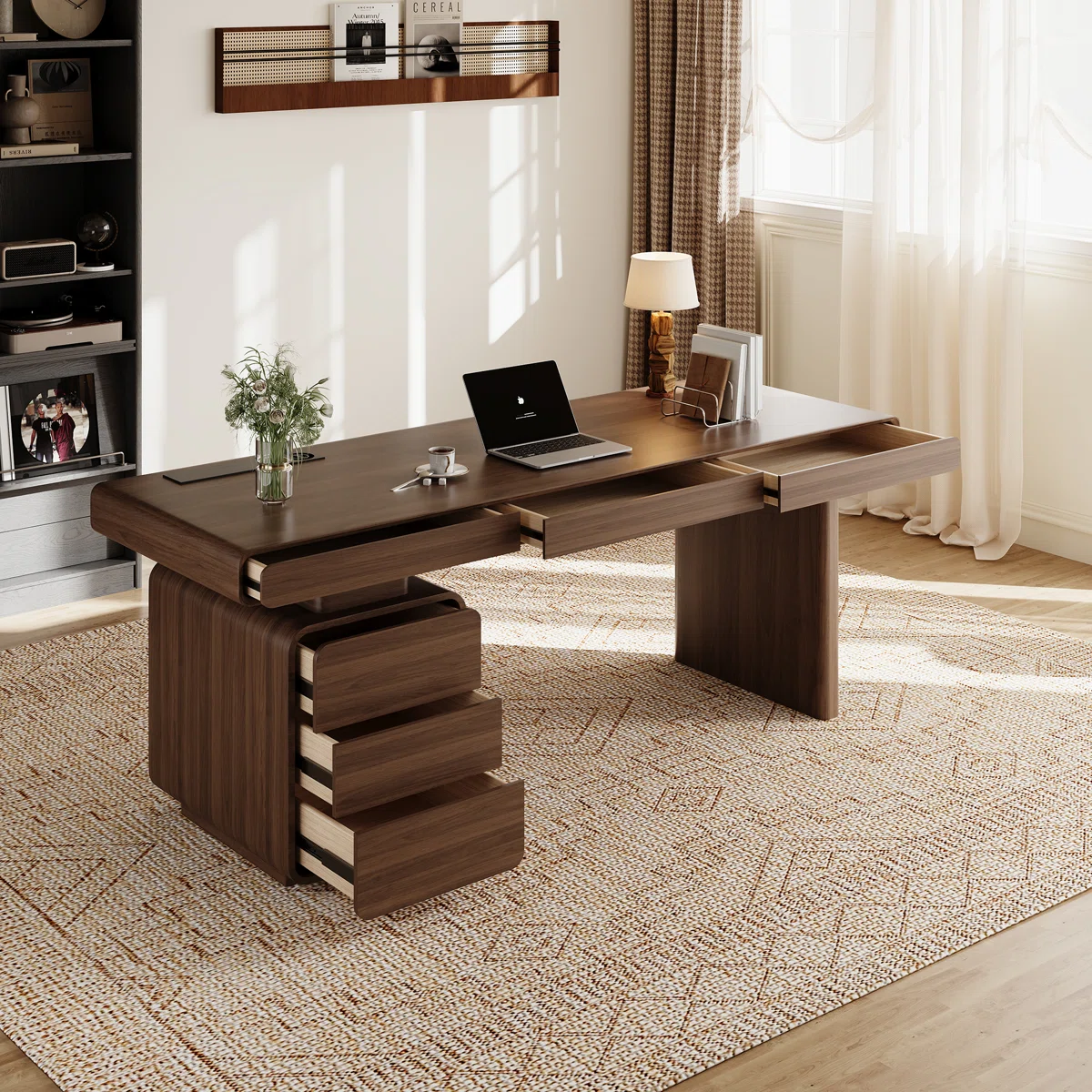 Modern walnut minimalist desk with built-in power outlets and concealed storage, designed for home office productivity
